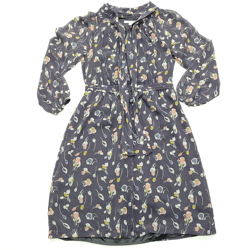 Boden Navy Floral Long-Sleeve Tie-Neck Dress